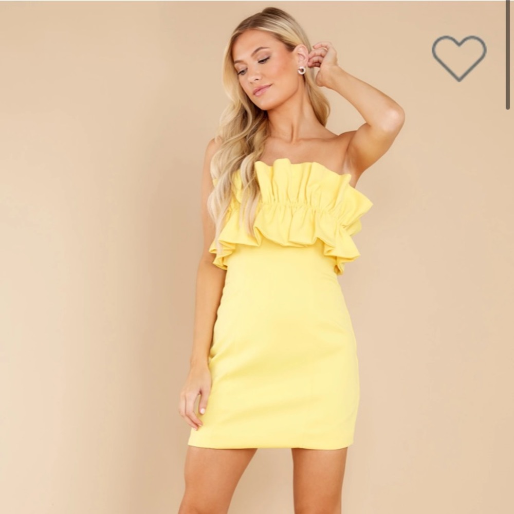 Red dress boutique strapless yellow ruffle dress
